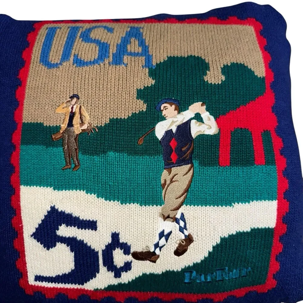 Vintage Golf Embroidered Graphic Knit Pillow Par‎ For USA Stamp Navy Blue - Picture 2 of 4